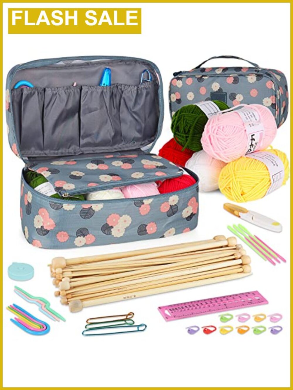 Bamboo Knitting Kit 36pcs Needles 5 Yarn Balls Beginners Case